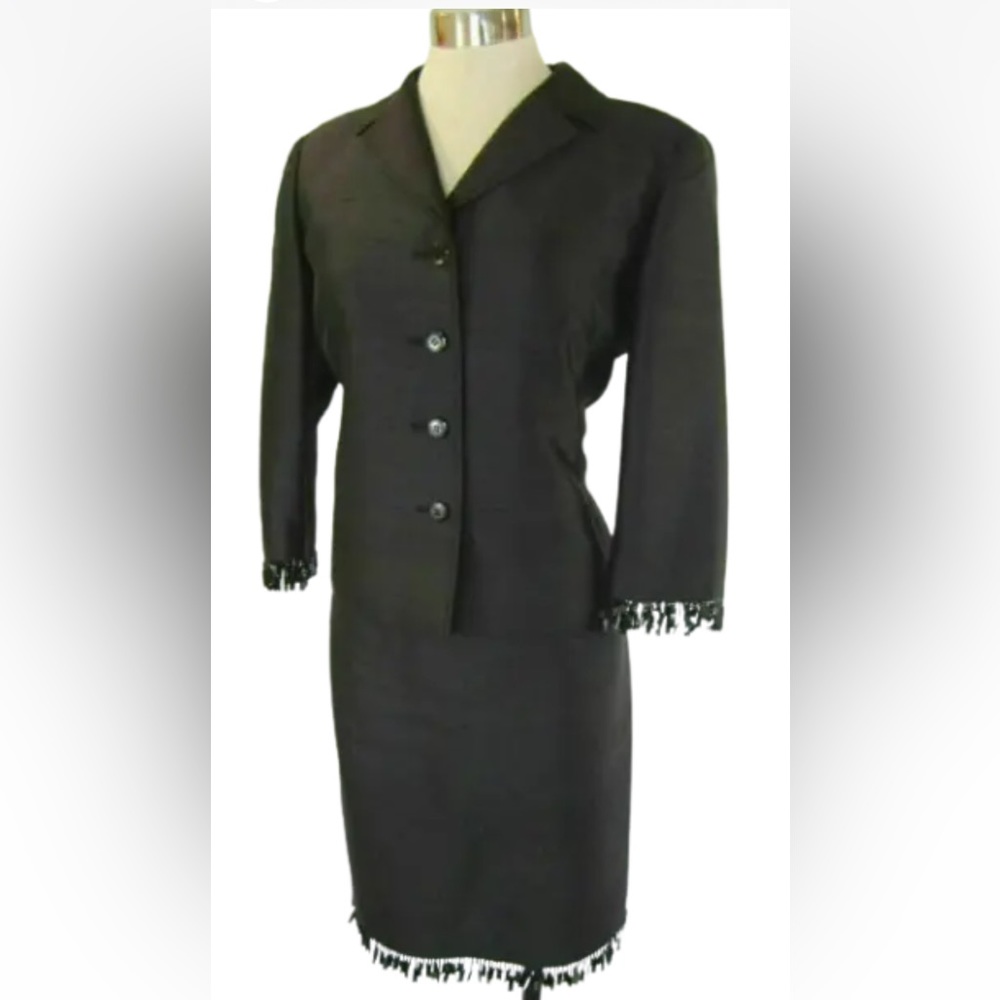 RICKIE FREEMAN TERI JON Black Silk Wool Bead Fringe Dress Jacket Evening Set 8